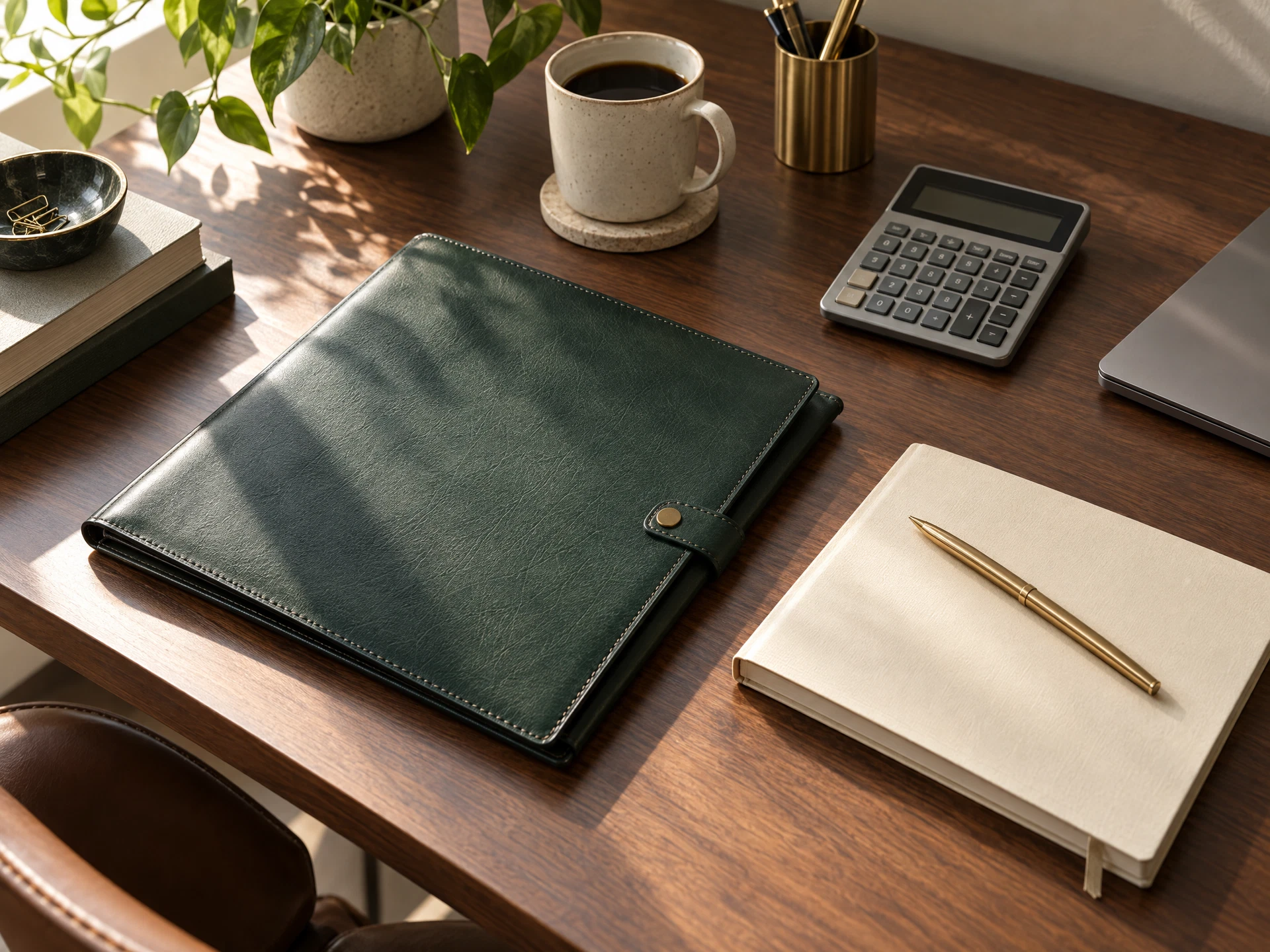 Illustrative tax workspace with a calculator, notebook and document folder